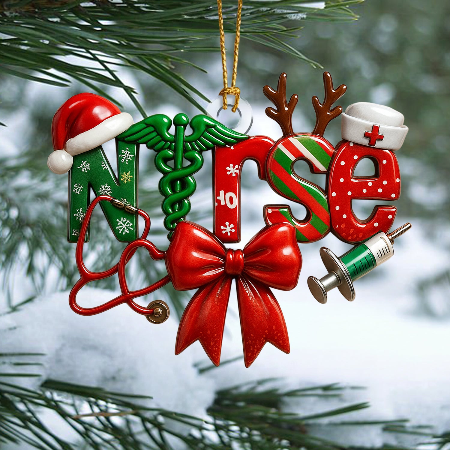 Funny Nurse Christmas Ornament, Xmas Medical Ornament with Stethoscope and Syringe, Holiday Gift for RN, LPN, CNA, Doctor