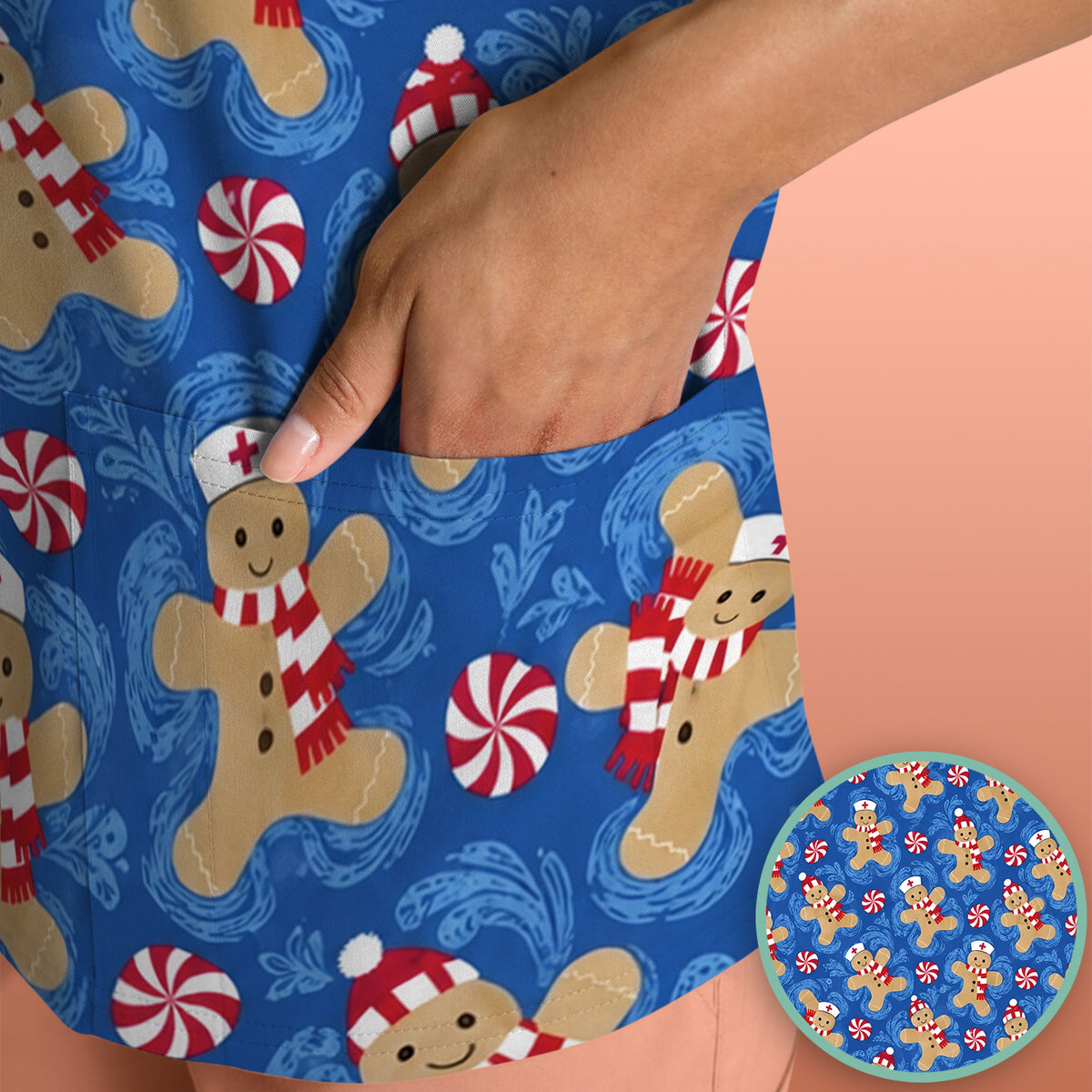Christmas Gingerbread Nurses & Peppermint Pattern Scrub Top, Comfortable Scrubs for Nurses