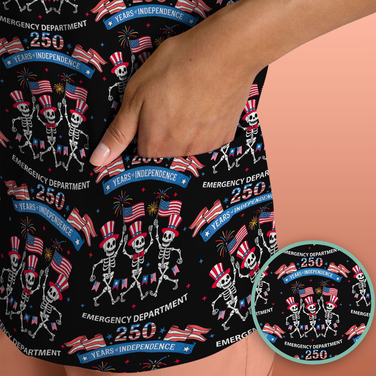Patriotic Skeleton 250 Years ER Print Scrub Top, Breathable Fabrics Nursing Uniform