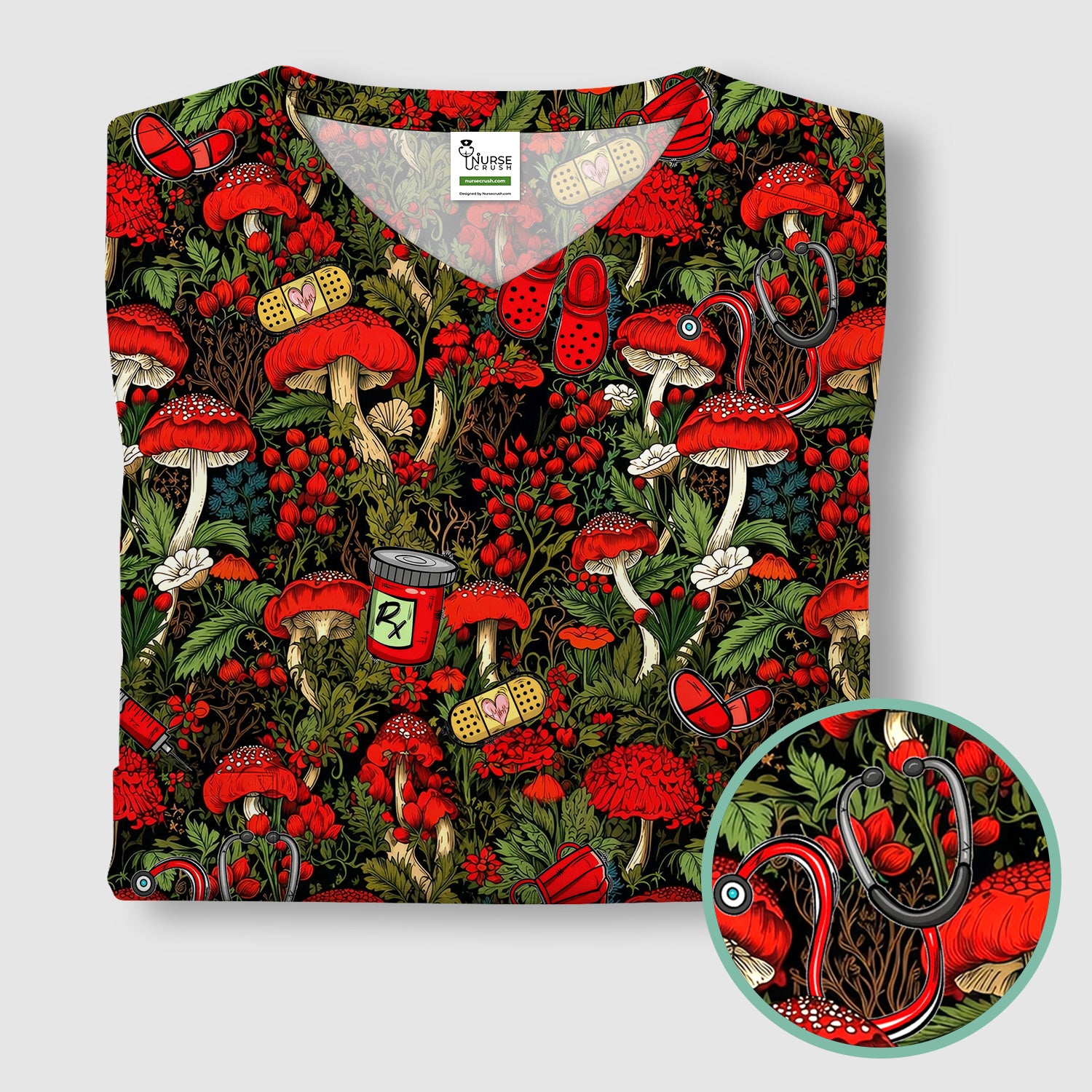Red Mushroom Medical Forest Pattern Scrub Top, Comfortable Scrubs for Nurses