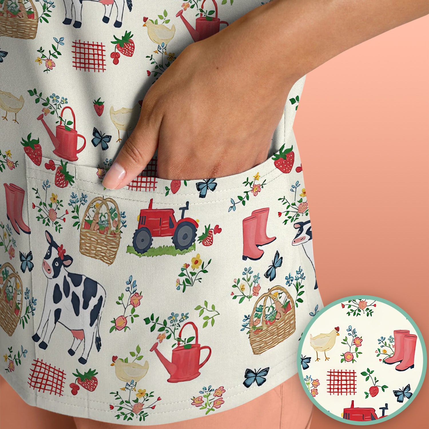 Cute Cow Chicken Farm Pattern Scrub Top, Breathable Fabrics Nursing Uniform