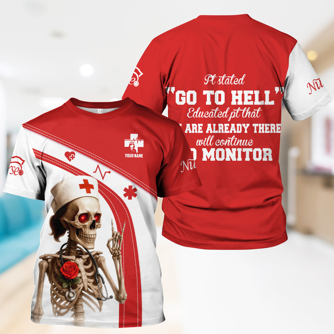 Funny Skeleton Nurse Shirt Personalized with Name - Dark Humor Gift for RN CNA LPN - Red White Scrubs Quote Tee for Healthcare Workers - Healthcare Dark Humor Tee
