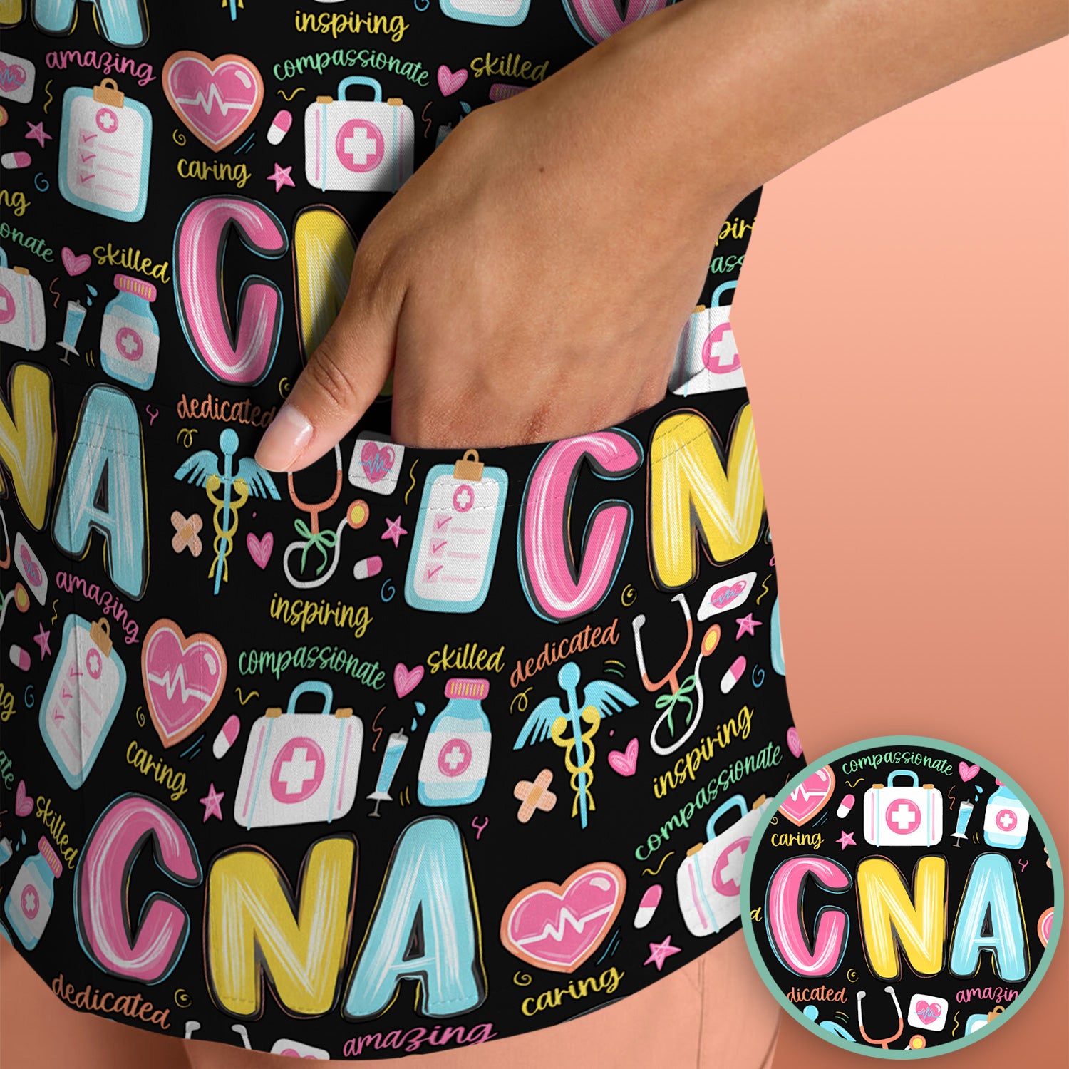 CNA Nurse Appreciation Pattern Scrub Top, Breathable Fabrics Nursing Uniform