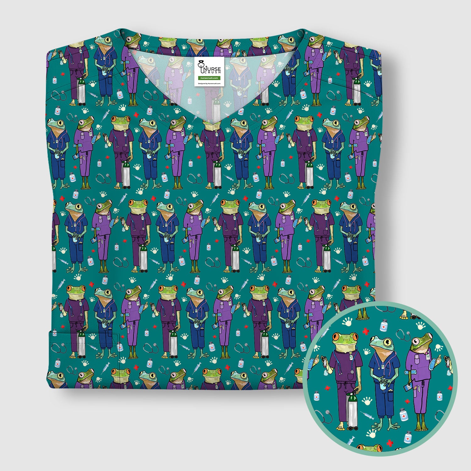 Funny Frog Nurse Pattern Scrub Top, Breathable Healthcare Uniform Top