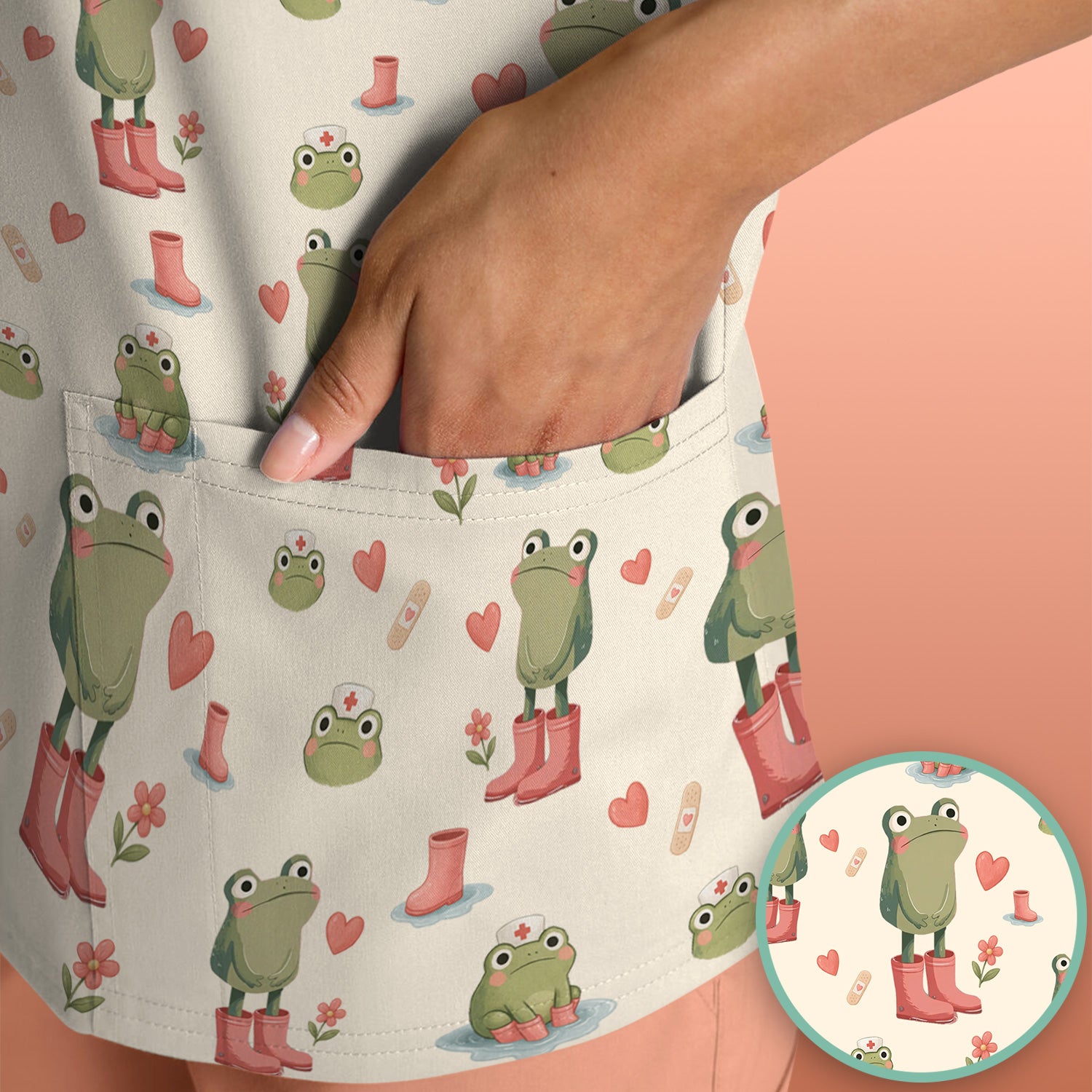 Adorable Frog Boots Heart Pattern Scrub Top, Comfortable Scrubs for Nurses