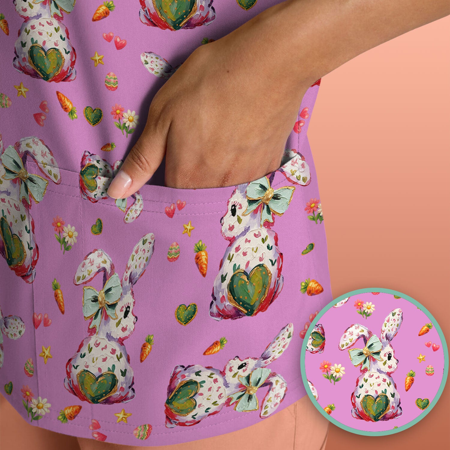 Cute Pastel Bunny Easter Pattern Scrub Top, Comfortable Scrubs for Nurses