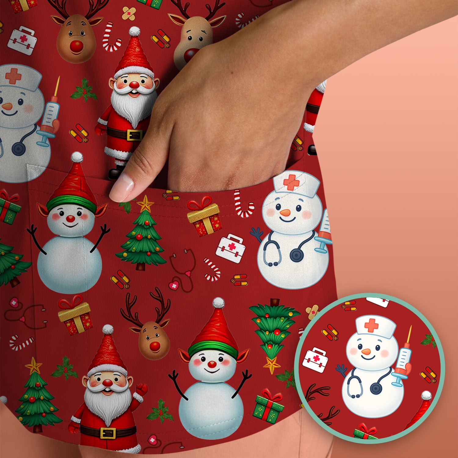 Christmas Scrub Top for Nurses - Cute Snowman Reindeer Santa Pattern - Holiday Medical Uniform RN CNA LPN Gift