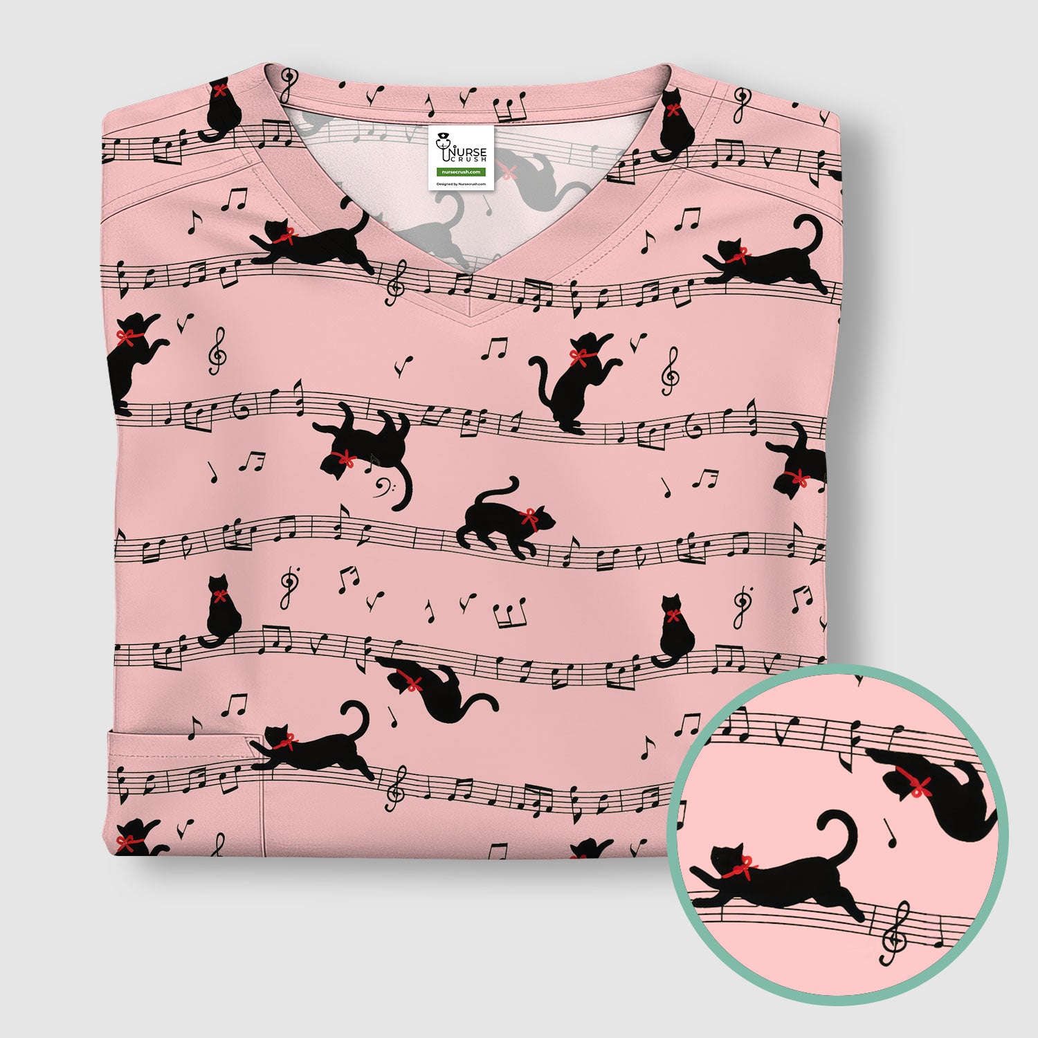 Cute Dancing Black Cat Music Staff Pattern Scrub Top, Comfortable Scrubs for Nurses
