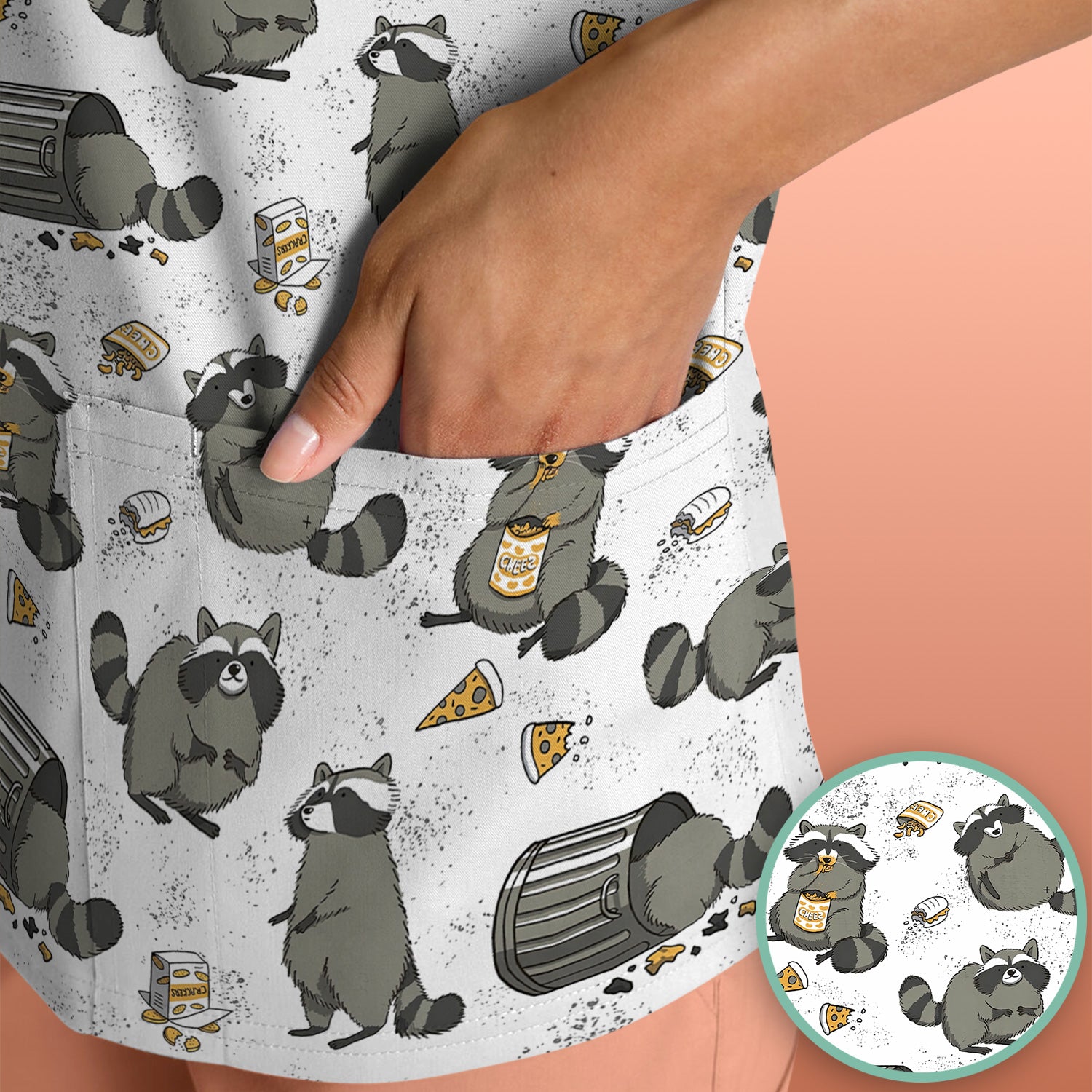 Raccoon Snack And Trash Can Pattern Scrub Top, Breathable Fabrics Nursing Uniform