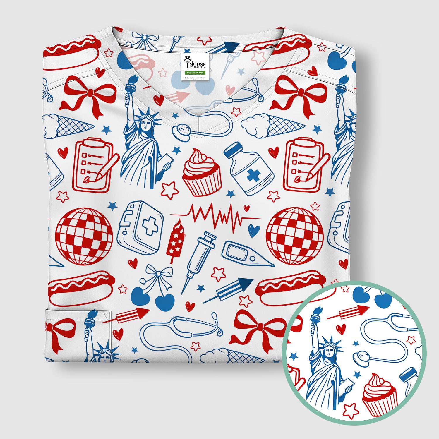 Patriotic Nurse Medical Icons Pattern Scrub Top, Breathable Fabrics Nursing Uniform