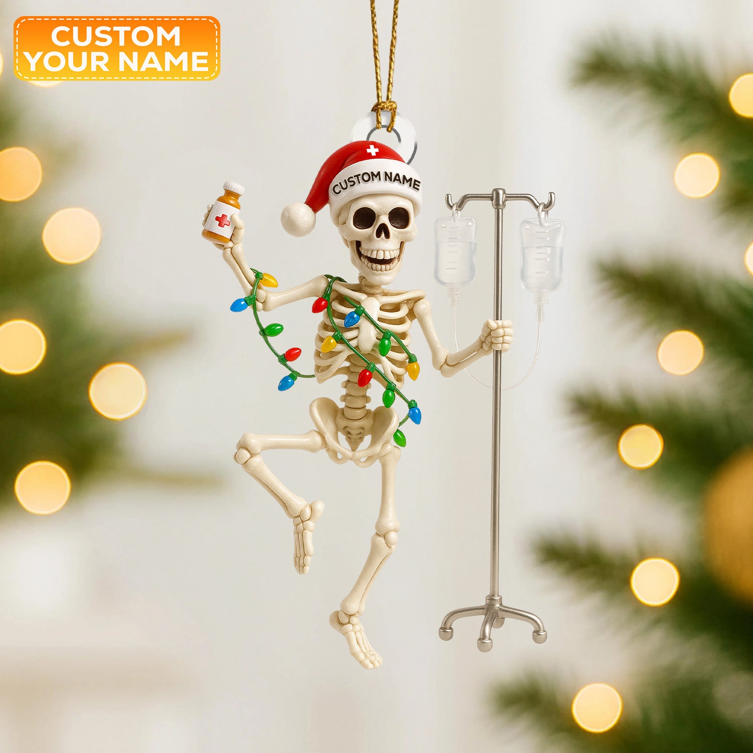 Personalized Skeleton Nurse Christmas Ornament – Funny Medical IV Pole Holiday Decor – Custom Name Dancing Skeleton Tree Ornament for Nurses & Healthcare Workers