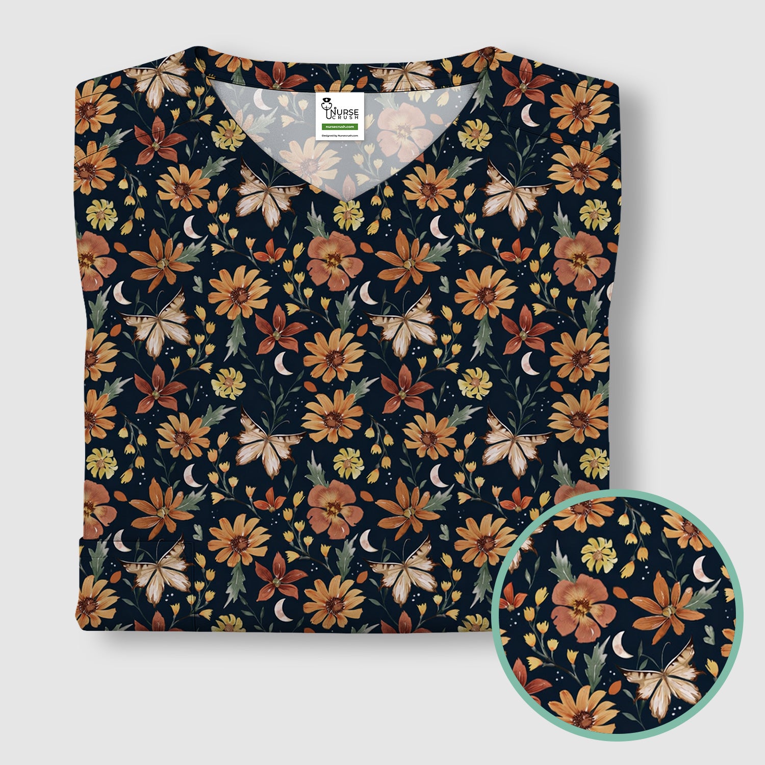 Charming Autumn Floral Butterfly Moon Pattern Scrub Top, Breathable Fabrics Nursing Uniform