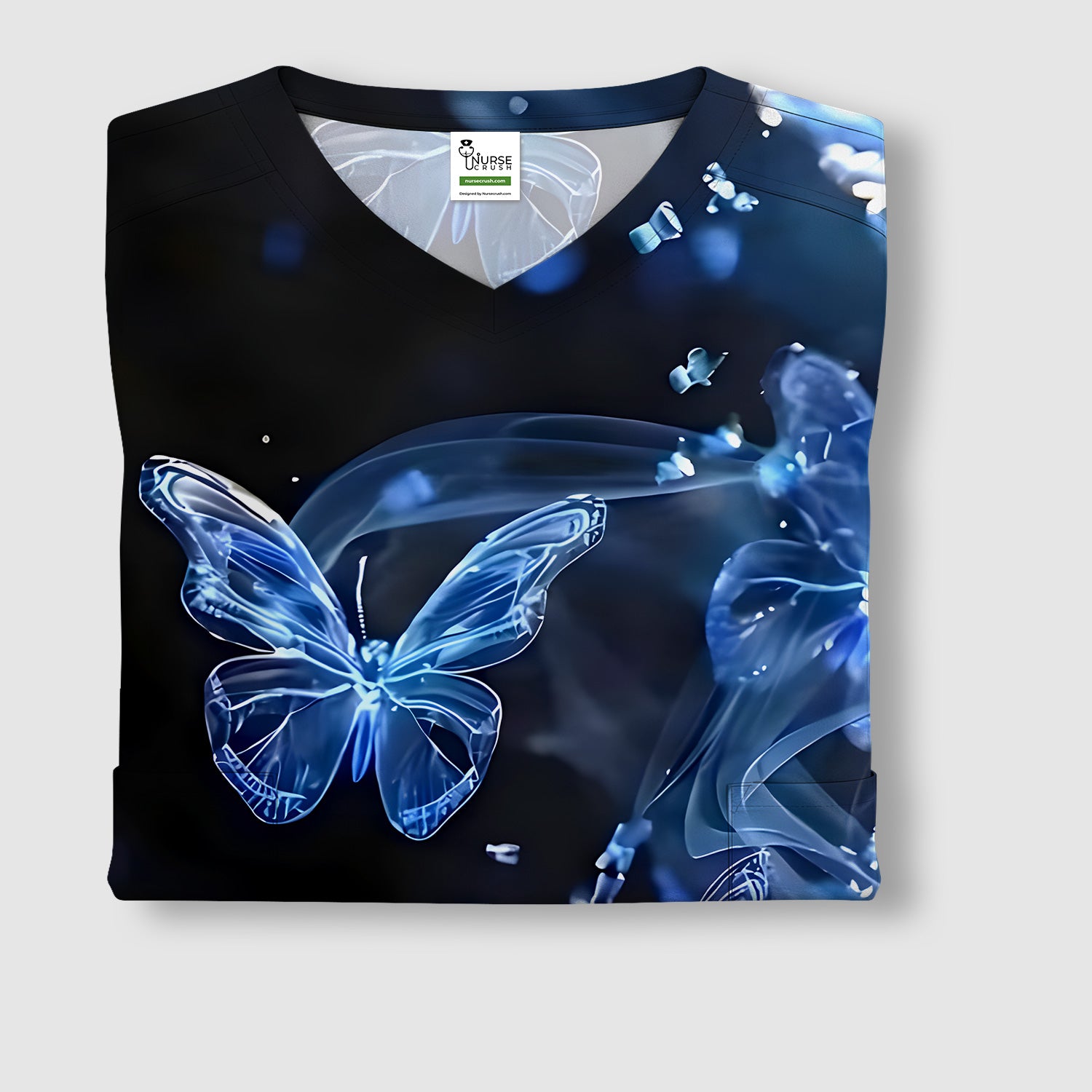 Glowing Blue Butterfly Garden Pattern Scrub Top, Comfortable Scrubs for Nurses