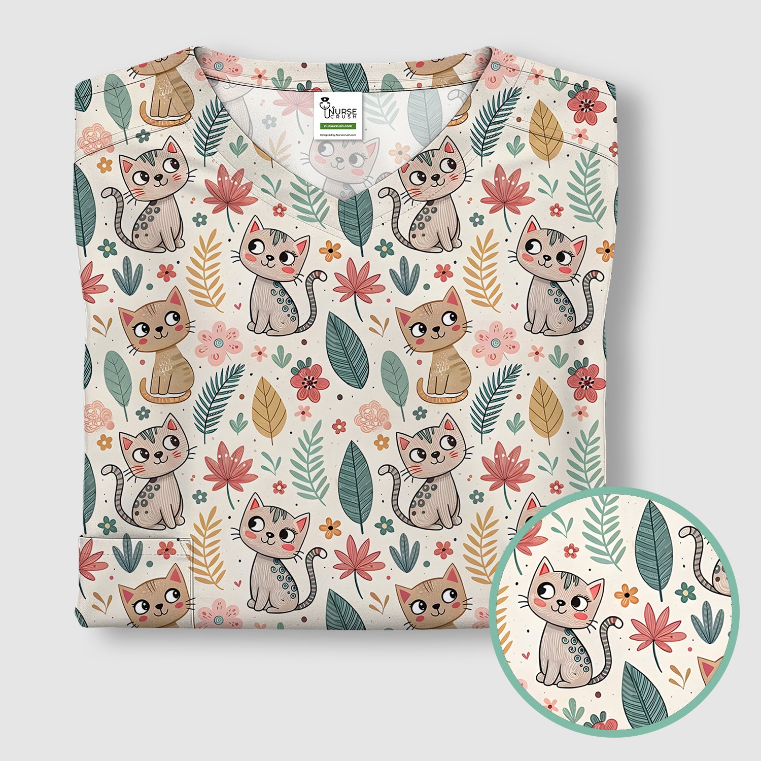 Cute Cartoon Cat Floral Leaf Pattern Scrub Top, Kawaii Kitty Nursing Uniform for Women