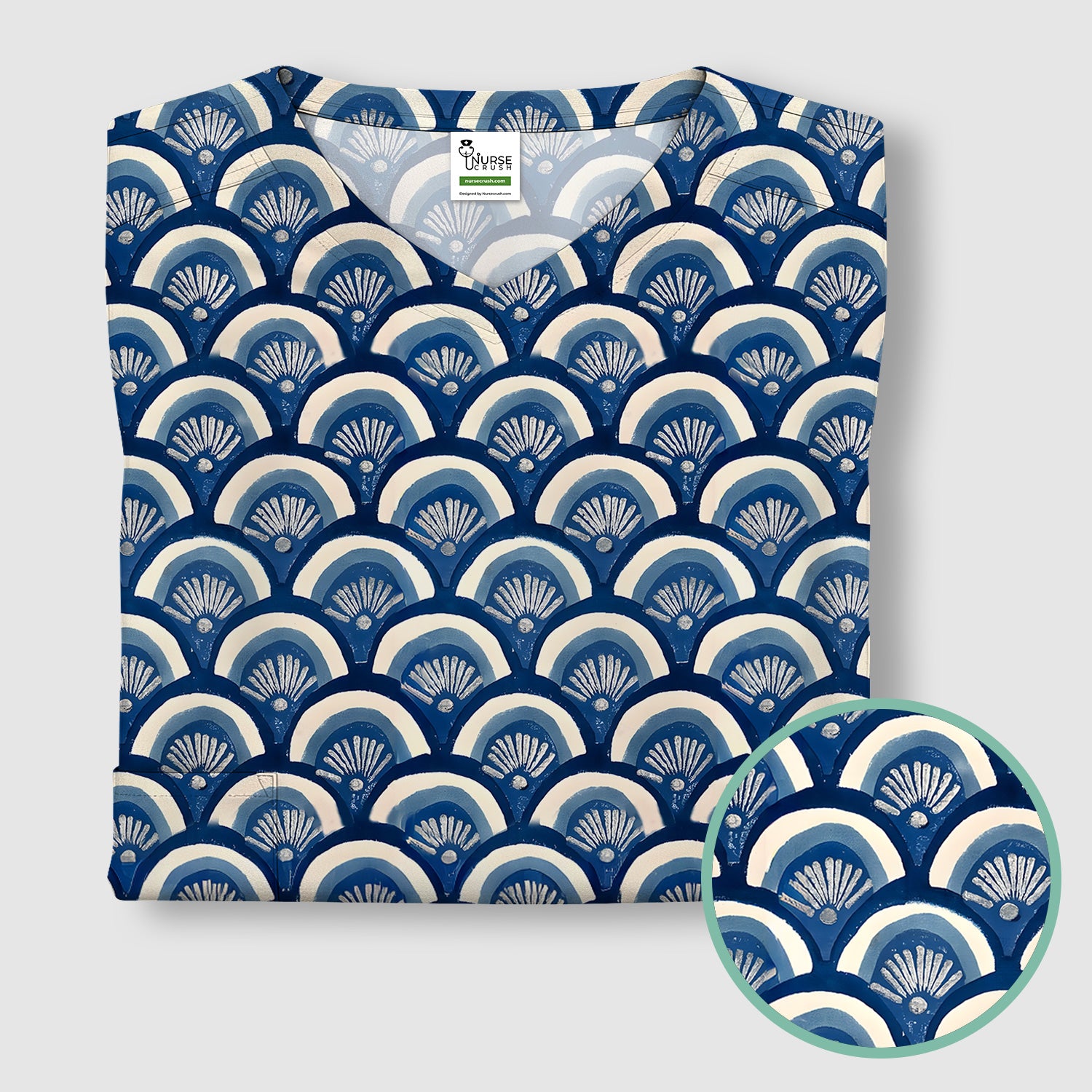 Blue Seashell Pattern Scrub Top for Women, Breathable Nursing Uniform