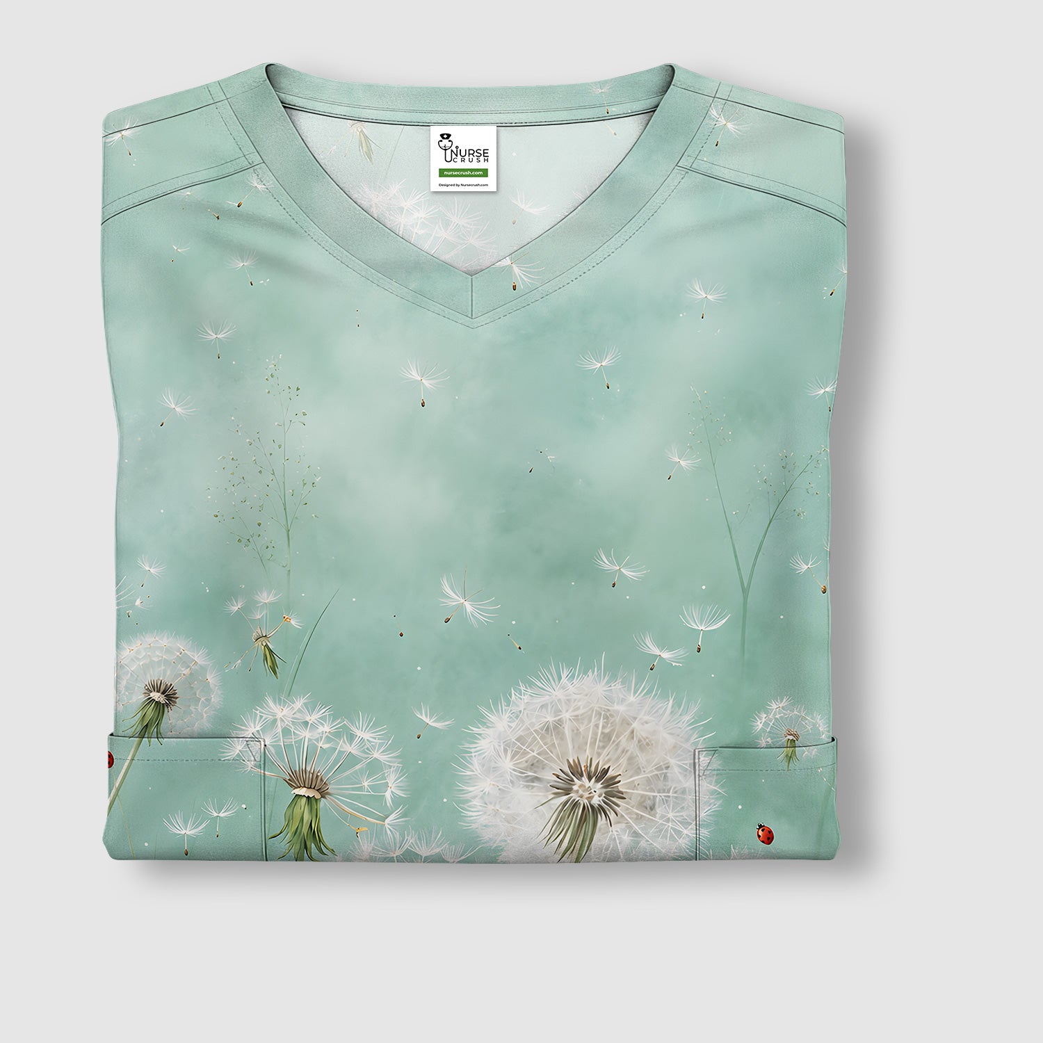 Dandelion Wishes Ladybug Meadow Pattern Scrub Top, Comfortable Scrubs for Nurses