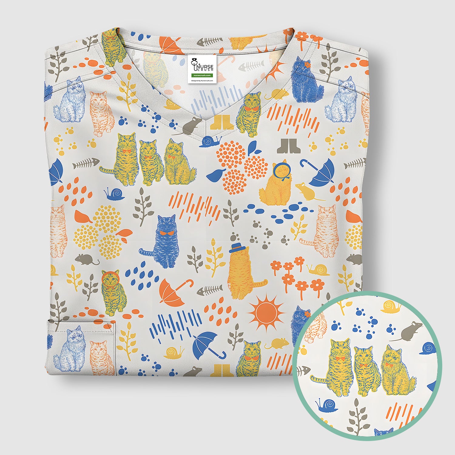 Cozy Rainy Day Cat Lover Nature Nurse Pattern Scrub Top, Comfortable Scrubs for Nurses