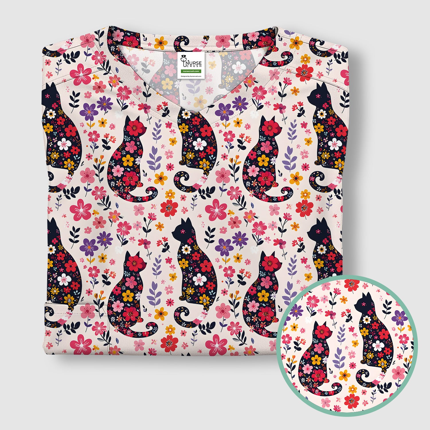 Floral Cat Silhouette Spring Garden Pattern Scrub Top, Comfortable Scrubs for Nurses