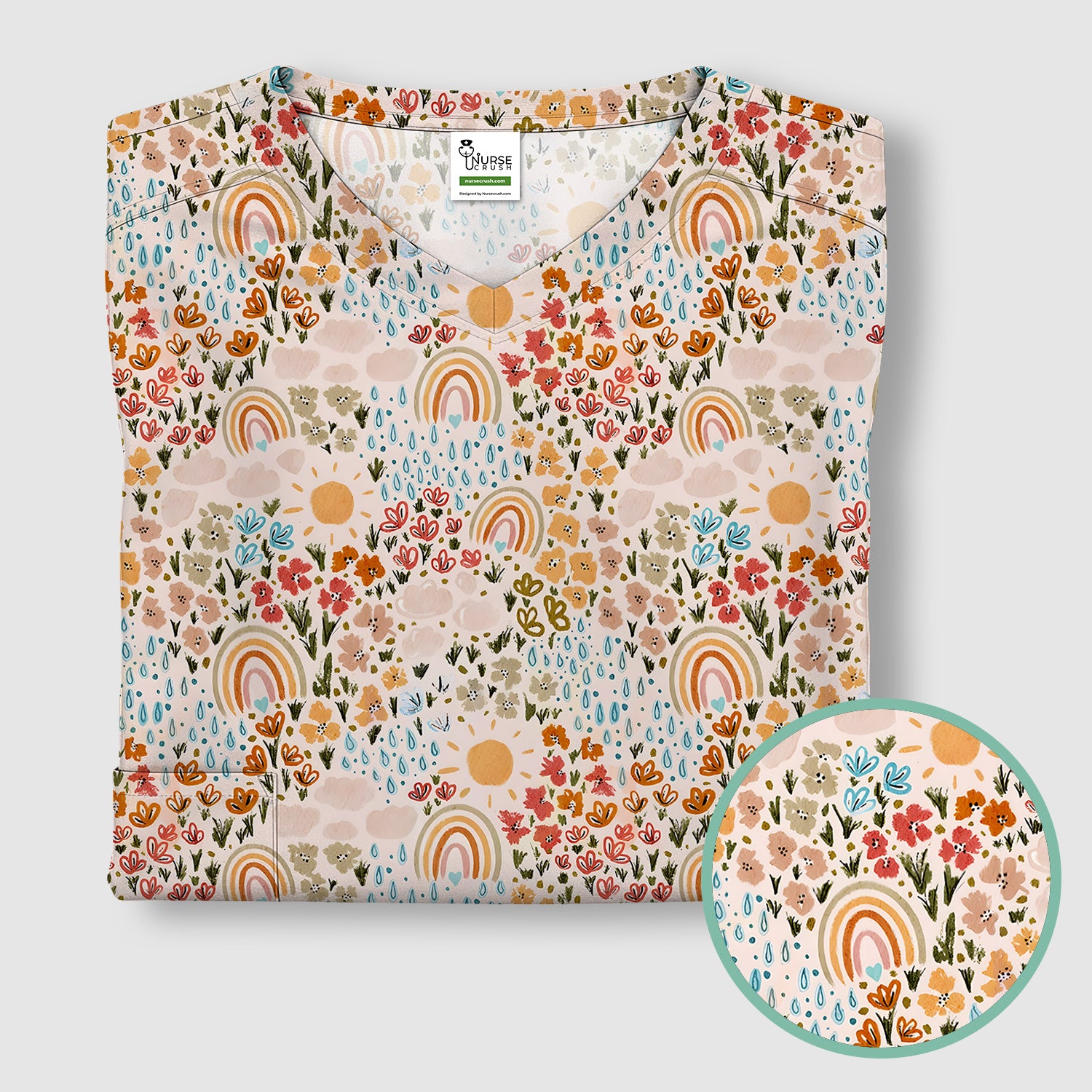 Cute Wildflower Meadow With Rainbow Sun And Raindrops Scrub Top, Comfortable Scrubs for Nurses