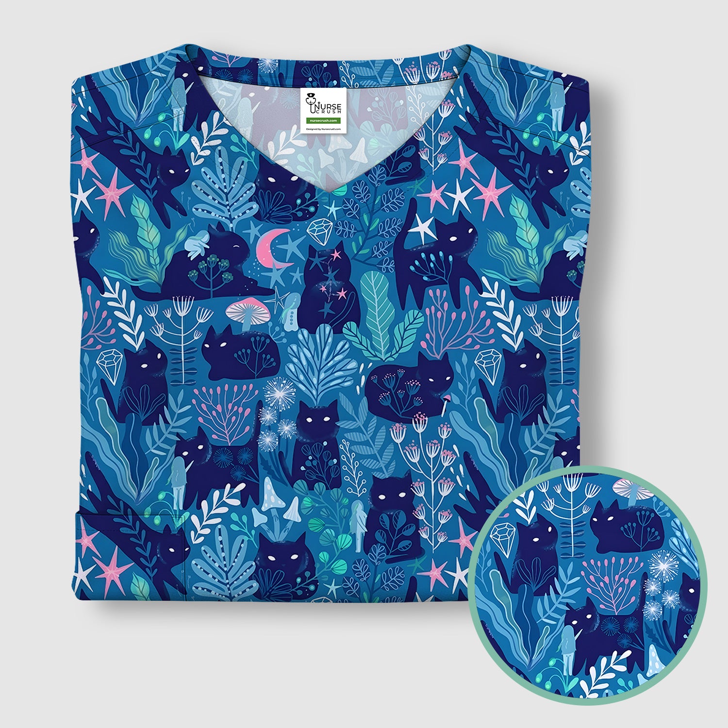 Adorable Celestial Cat Moon Star Pattern Scrub Top, Comfortable Scrubs For Nurses