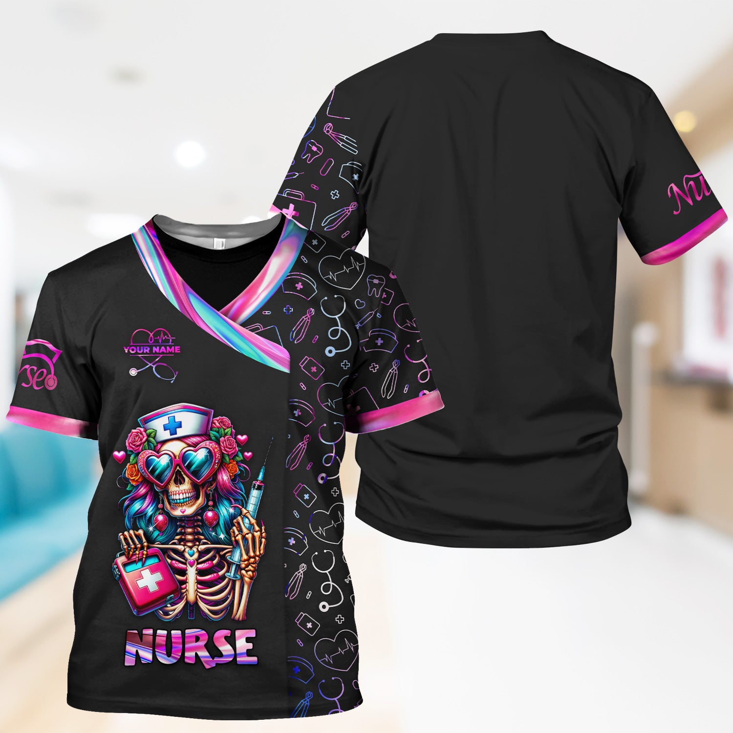 Personalized Funny Skeleton Nurse Scrub Top - Heart Sunglasses & Syringe Design - Custom Name Medical Gift for RN LPN CNA