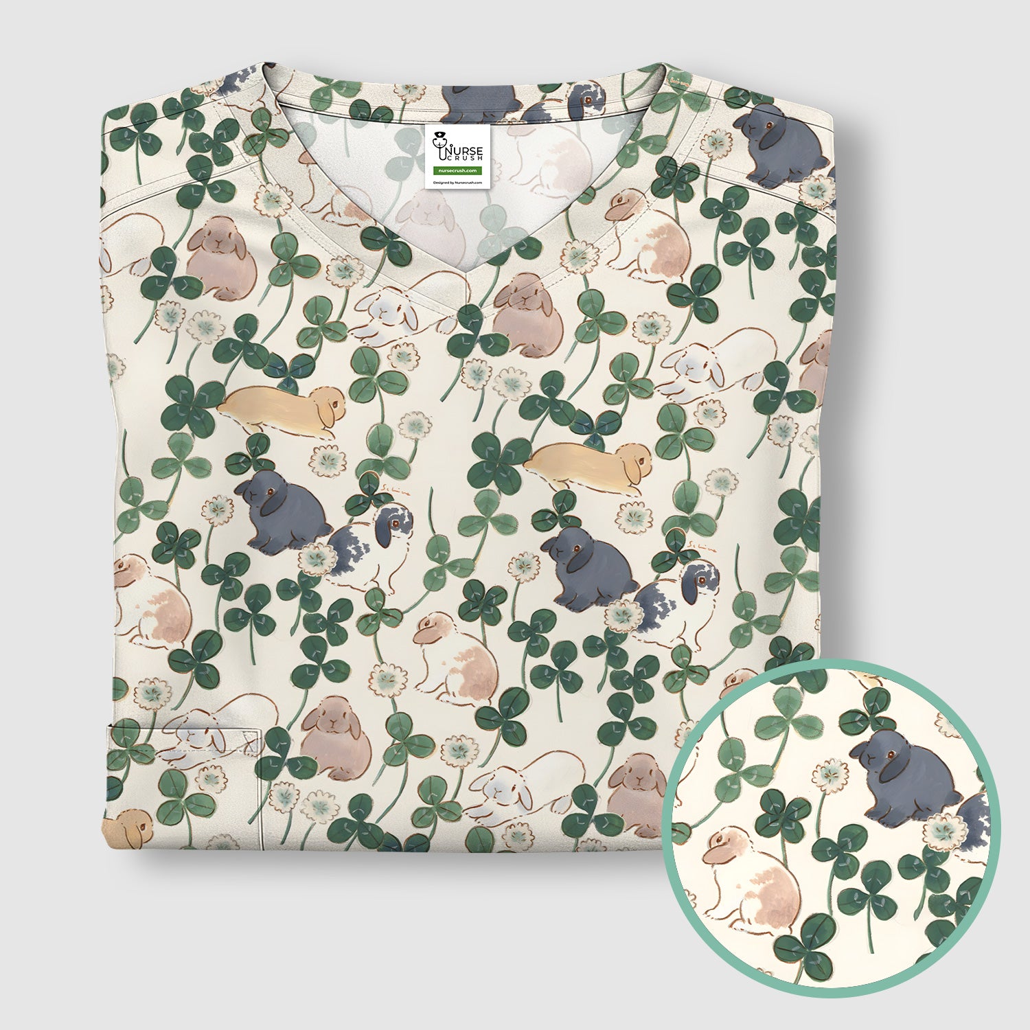 Cute Bunny Clover Garden Meadow Pattern Nurse Scrub Top, Comfortable Scrubs for Nurses