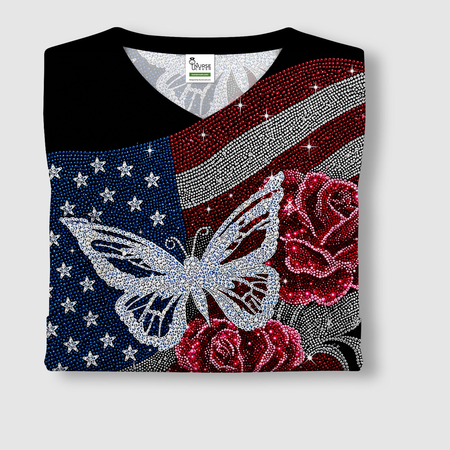 Patriotic Butterfly Rose Flag Print Scrub Top, Comfortable Scrubs for Nurses