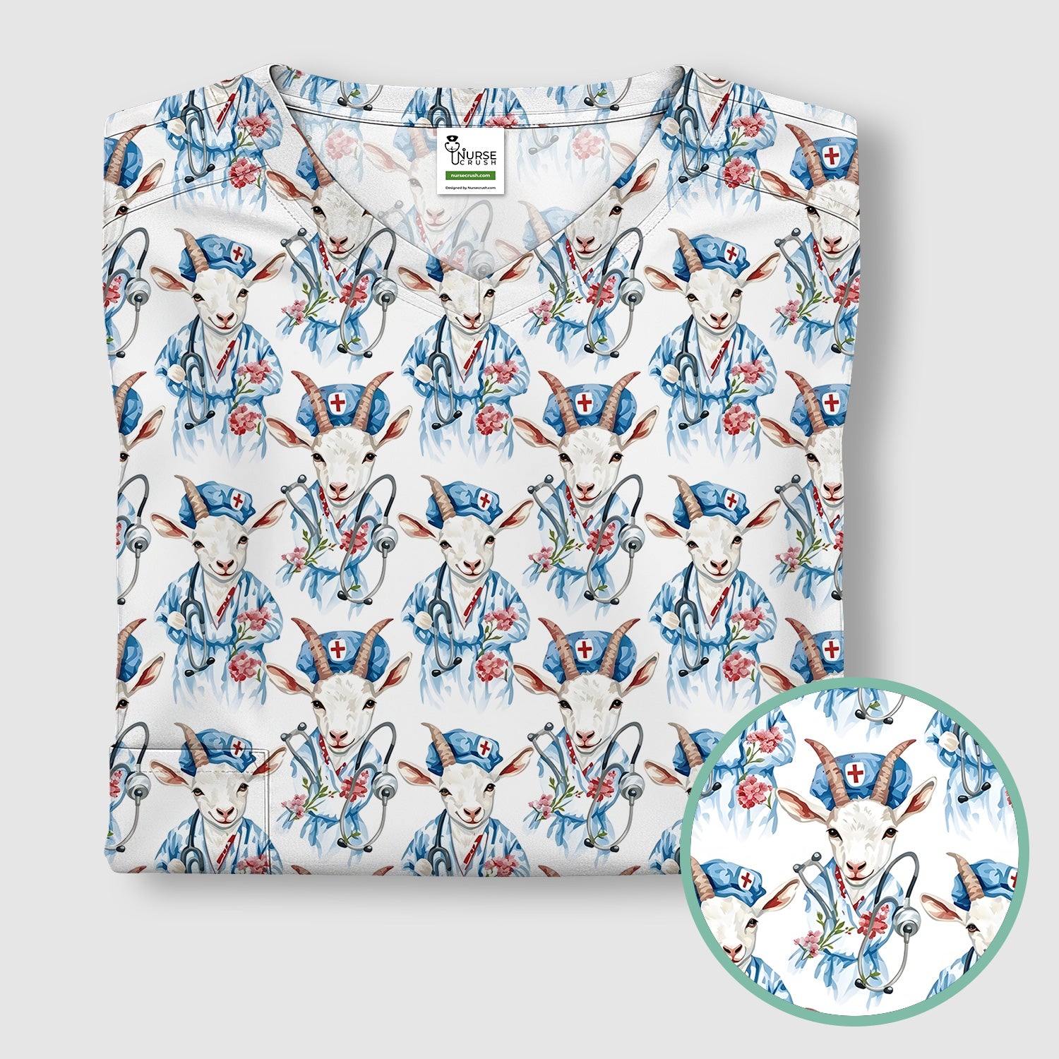 Cute Goat Animal Lover Pattern Scrub Top, Comfortable Scrubs for Nurses