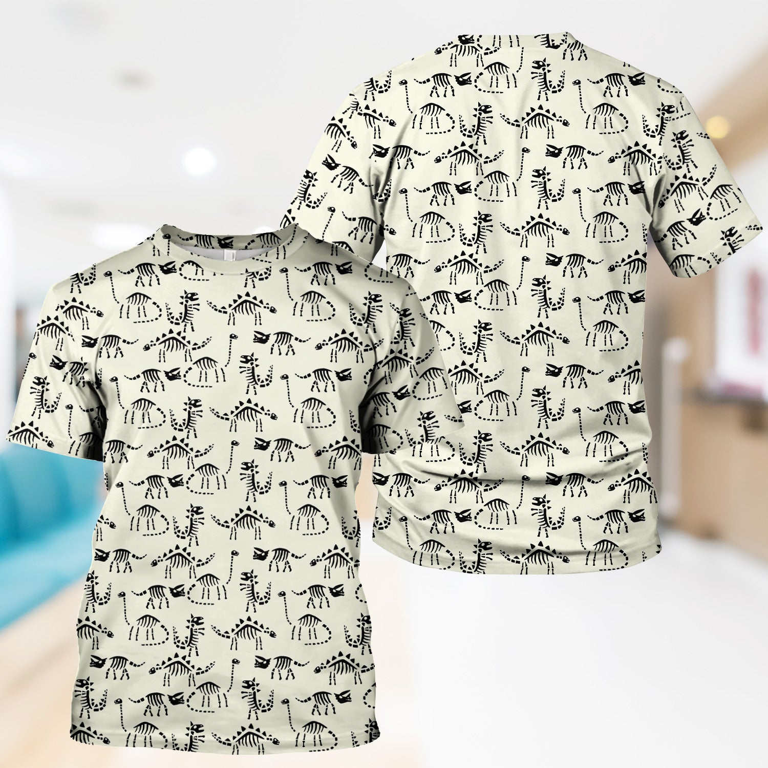 Funny Dinosaur Skeleton Scrub Top - Cute Dino Fossil Pattern Graphic Design - RN LPN CNA Healthcare Workers Gift