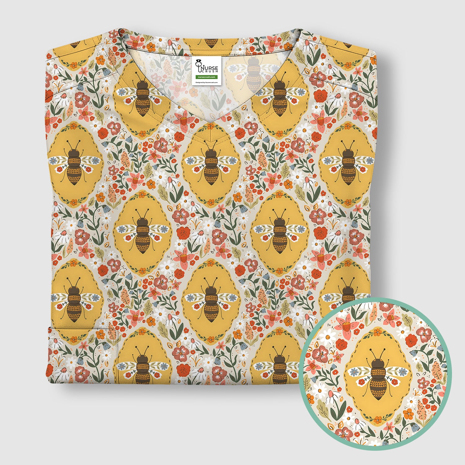 Vintage Honeybee Floral Garden Pattern Nurse Scrub Top, Breathable Fabrics Nursing Uniform