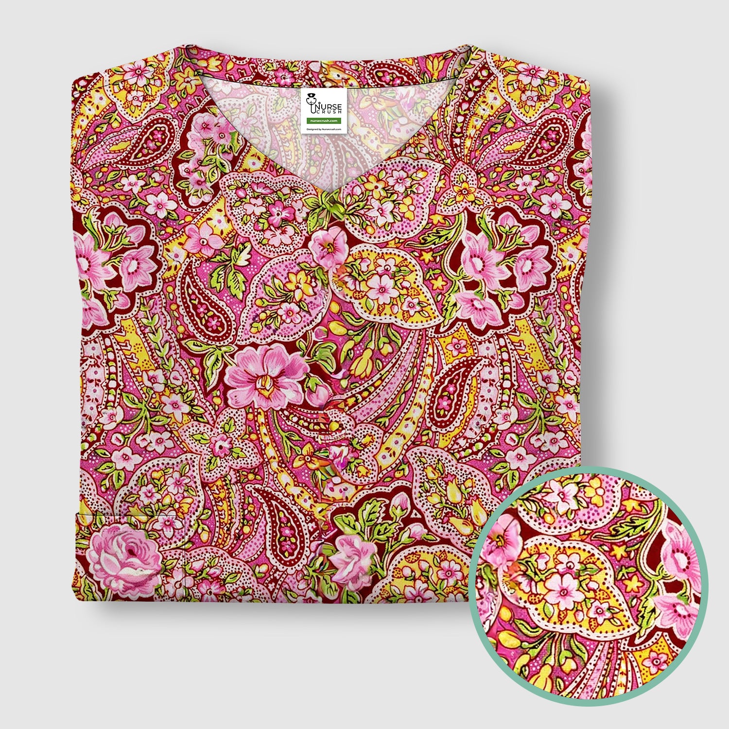 Pink Floral Paisley Blossom Print Scrub Top, Comfortable Scrubs for Nurses