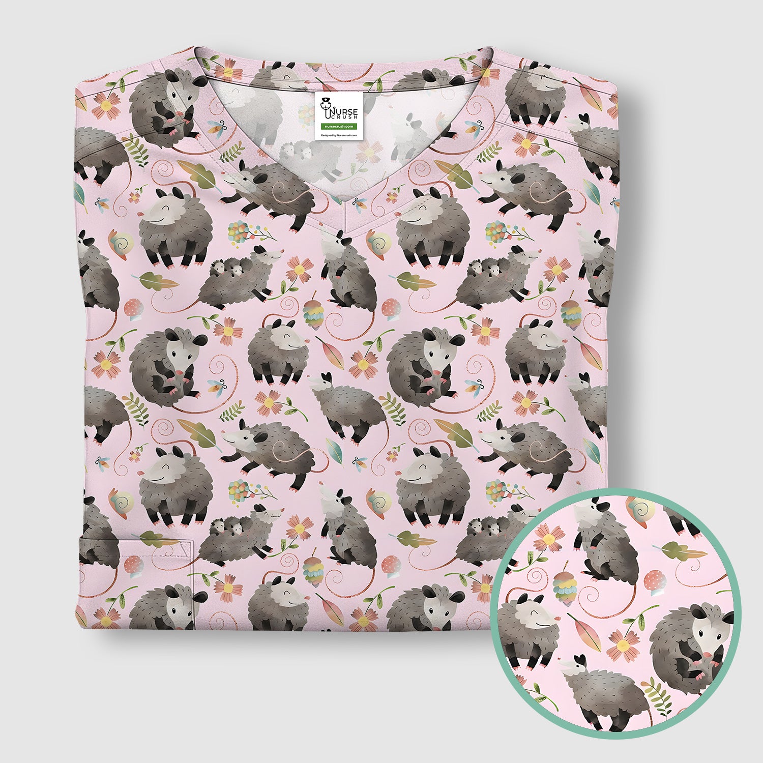 Cute Opossum Playing Flower Garden Pattern Scrub Top, Comfortable Scrubs for Nurses