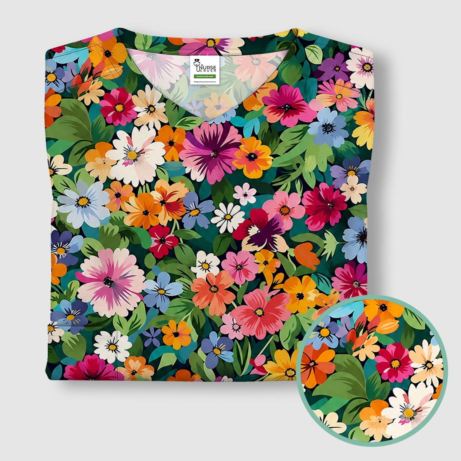 Colorful Wildflower Garden Pattern Scrub Top, Comfortable Scrubs for Nurses