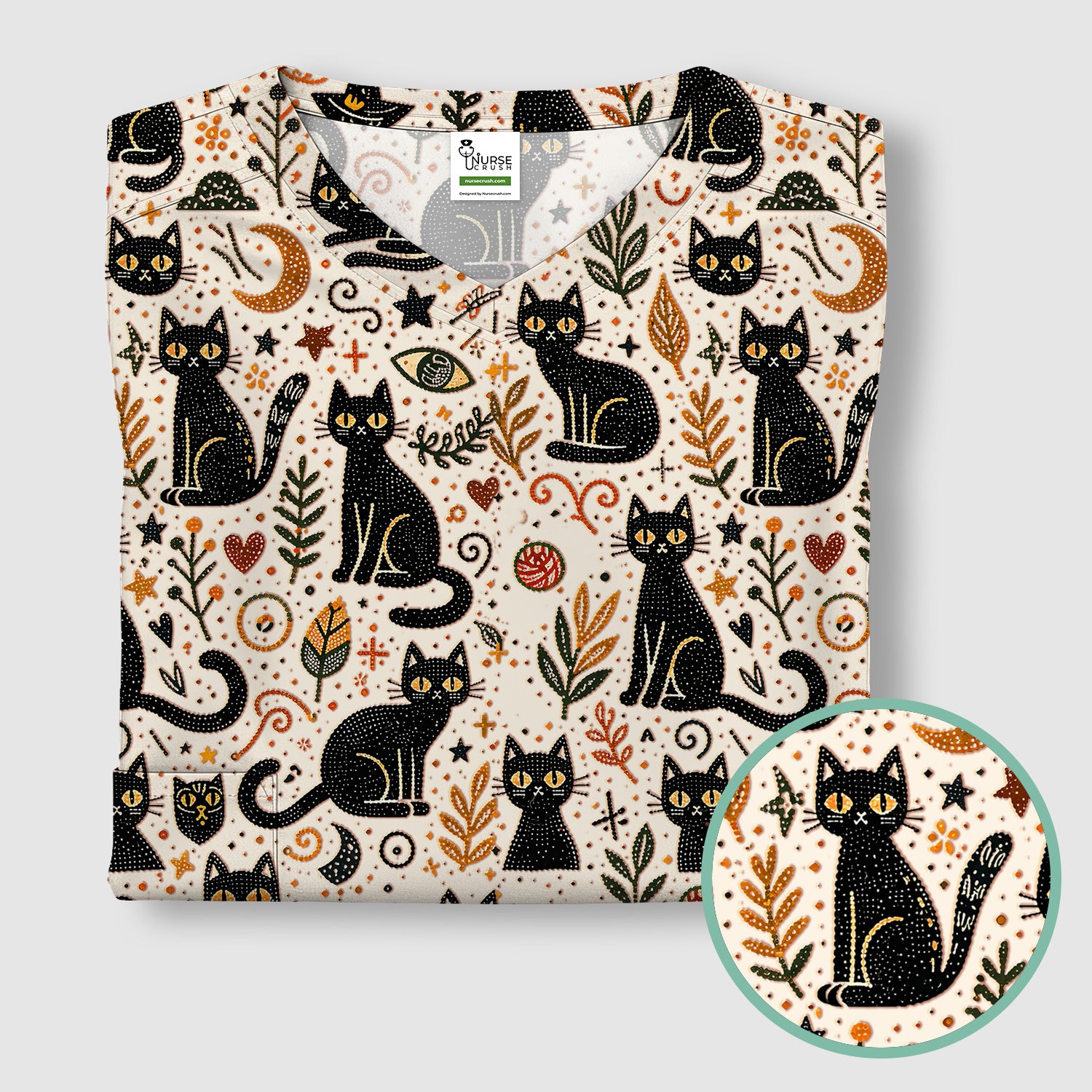 Mystic Black Cat Celestial Doodle Pattern Scrub Top, Comfortable Scrubs for Nurses