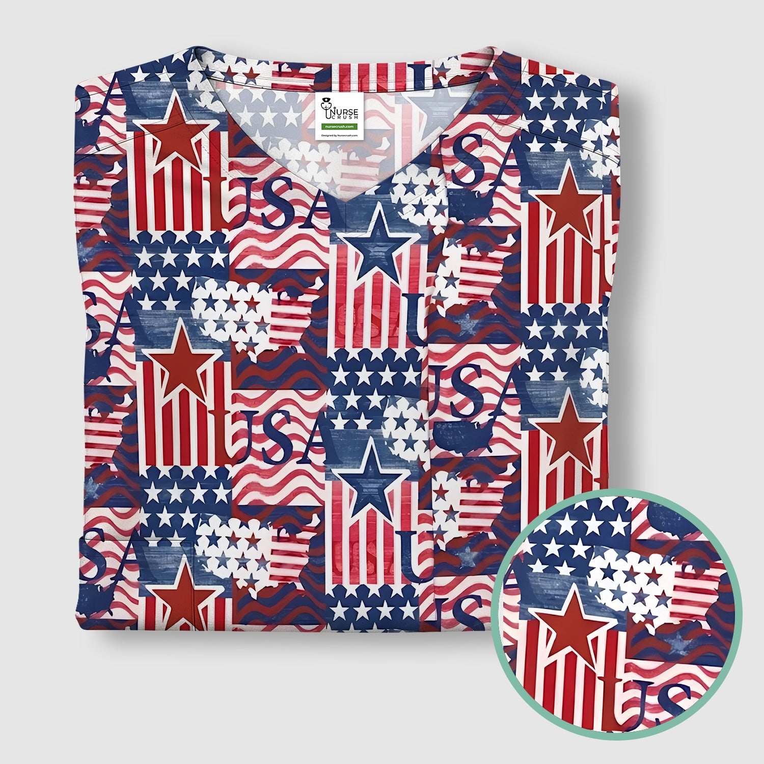 Patriotic USA Star Patchwork Pattern Scrub Top, Comfortable Scrubs for Nurses