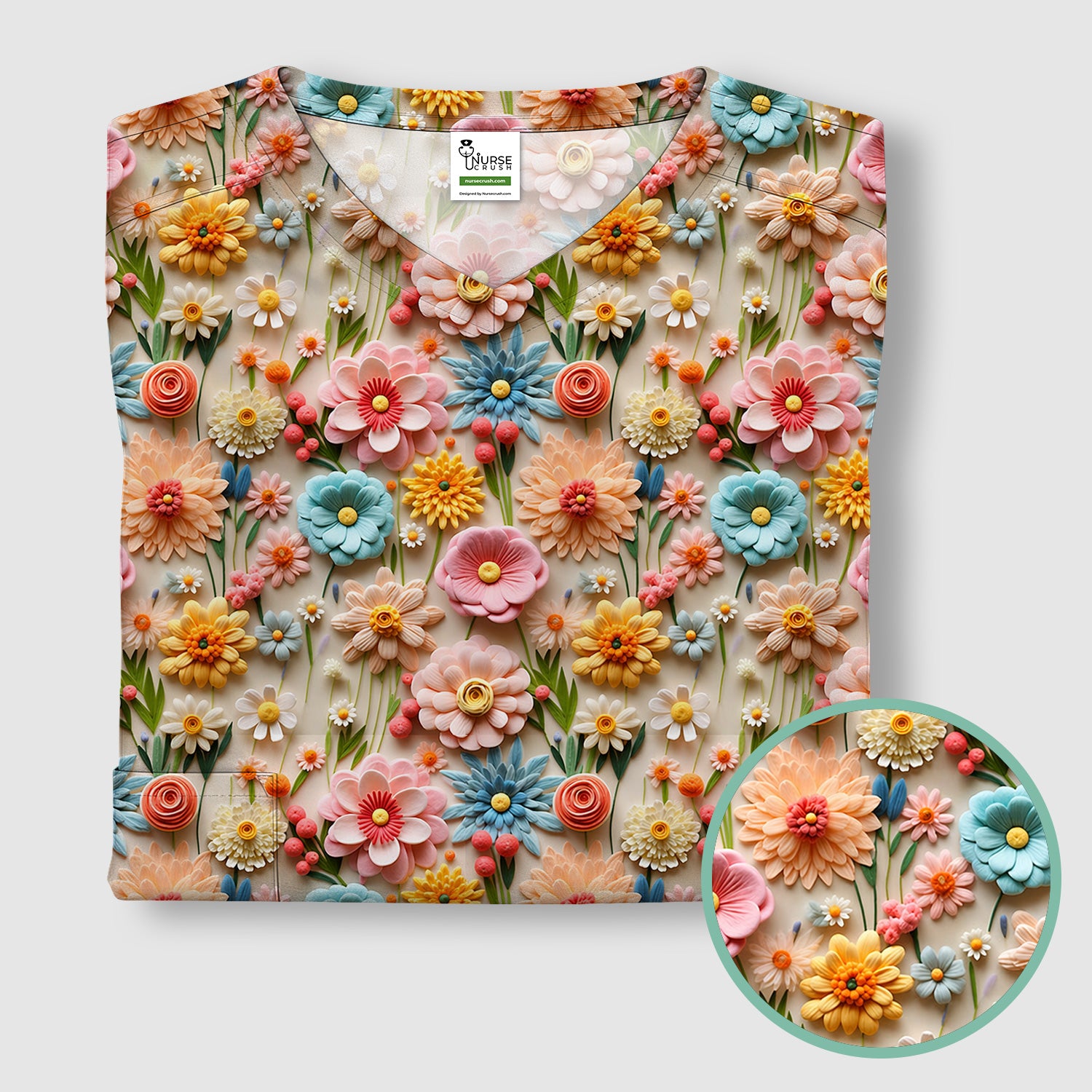 Colorful Blooming Wildflower Pattern Scrub Top, Comfortable Scrubs for Nurses