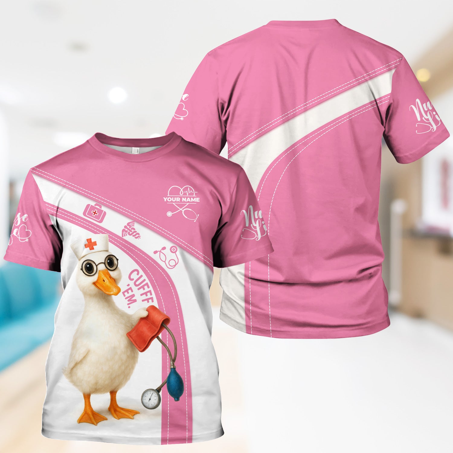 Personalized Nursing Humor Scrub for Women - Funny Duck with Stethoscope and Cuff Design - Custom Name Medical Gift for RN LPN CNA