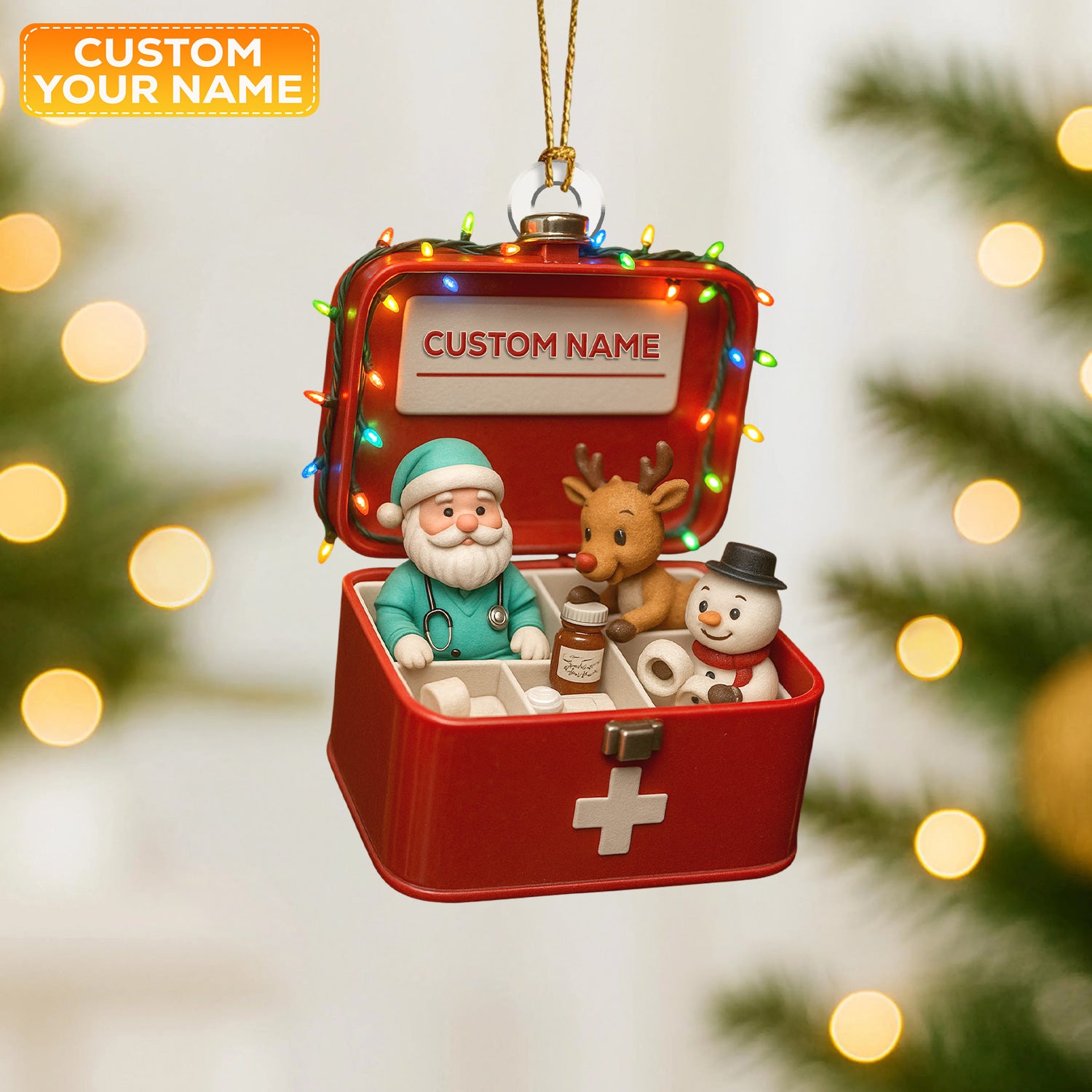 Personalized First Aid Christmas Tree Ornament – Custom Name Medical Santa & Reindeer Holiday Box Decor – Cute Nurse Doctor Ornament for Healthcare Workers