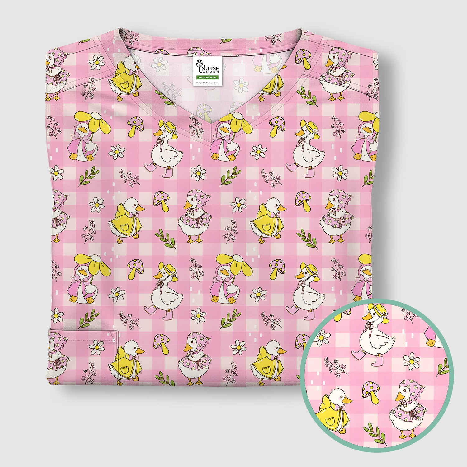 Spring Duckling Gingham Pattern Scrub Top, Comfortable Scrubs for Nurses