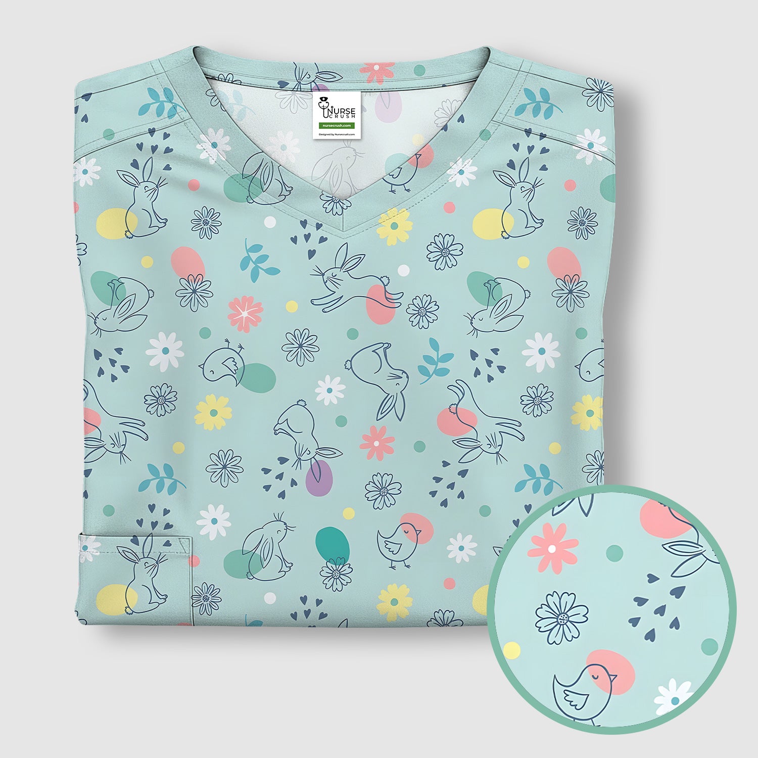Whimsical Easter Bunny Eggs Pattern Scrub Top, Comfortable Scrubs for Nurses