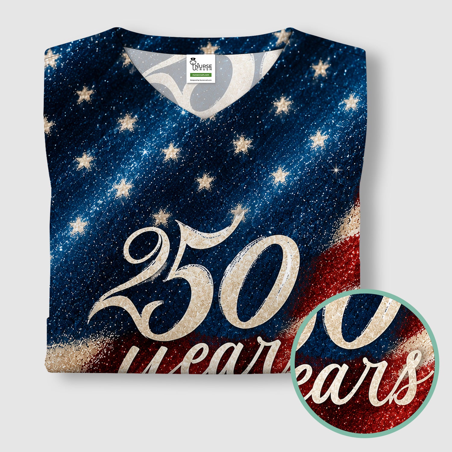 Festive American Flag 250 Years Pattern Scrub Top, Comfortable Scrubs for Nurses