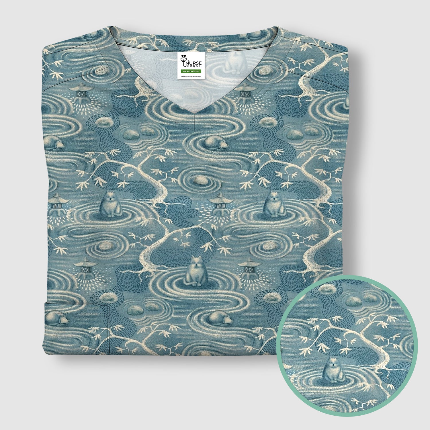 Zen Cat Water Garden Pattern  Scrub Top, Breathable Fabrics Nursing Uniform