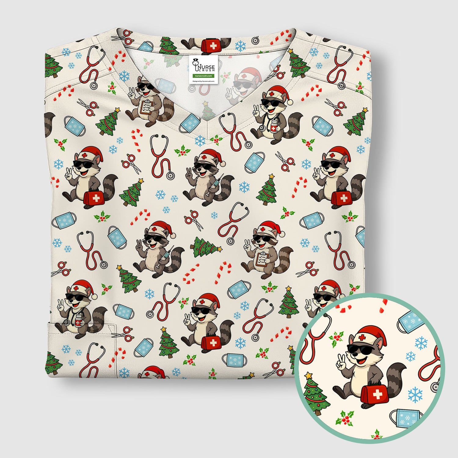 Christmas Scrub Top for Nurses - Funny Raccoon and Medical Tools Pattern - Festive Holiday Nurse Scrubs Shirt Gift for Women RN LPN CNA