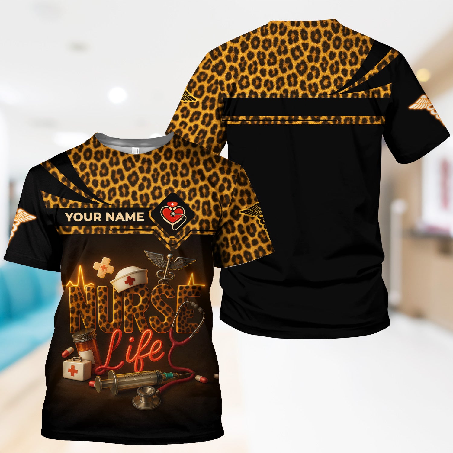 Personalized Nurse Scrub Top for Women - Cheetah Pattern with Stethoscope & Syringe Design - Custom Name Gift for RN, CNA, LPN