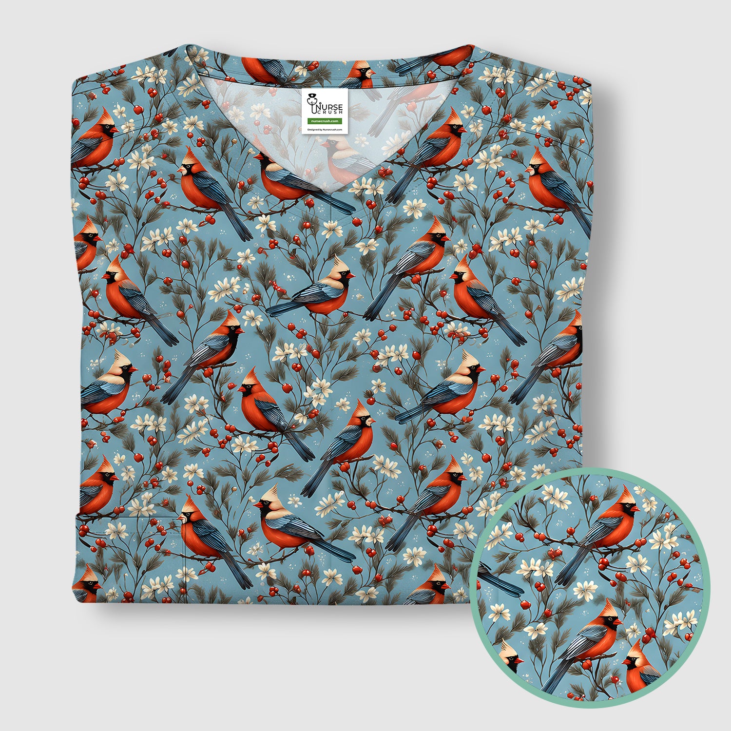Cute Cardinal Berry Blossom Pattern Scrub Top, Comfortable Scrubs for Nurses