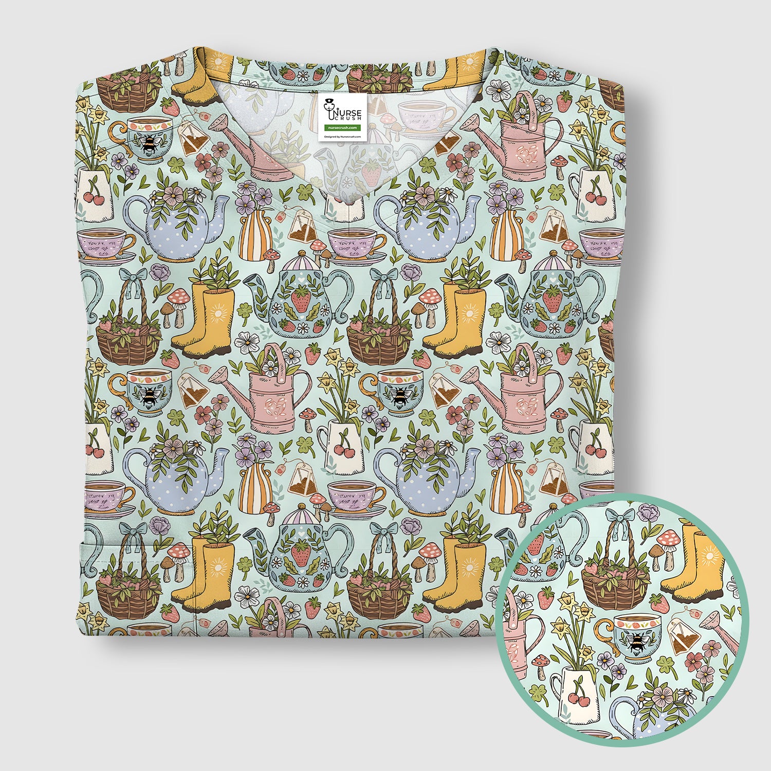 Garden Tea Party Floral Print Scrub Top, Comfortable Scrubs for Nurses