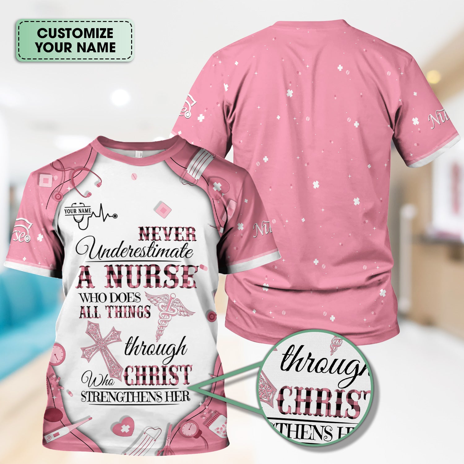 Faith-Based Personalized Nursing Scrub for Women - Bible Verse All Things Through Christ - Gift for RN, LPN, CNA Healthcare Professionals