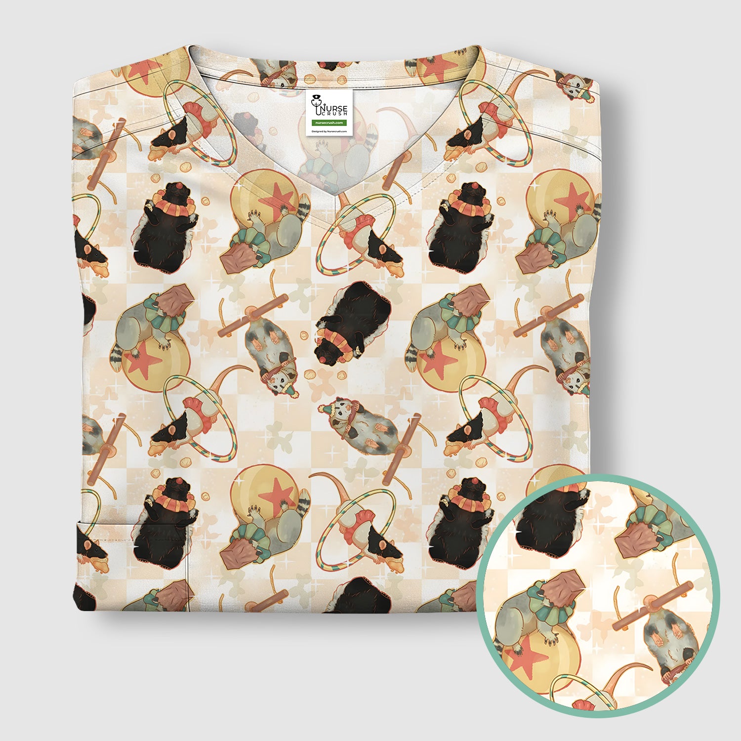 Cute Circus Animal Mouse Acrobat Pattern Scrub Top, Comfortable Scrubs for Nurses