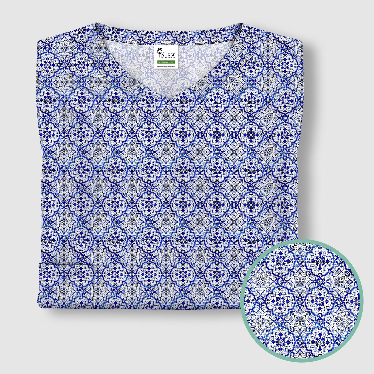 Blue Vintage Tile Floral Pattern Scrub Top, Breathable Fabrics Nursing Uniform