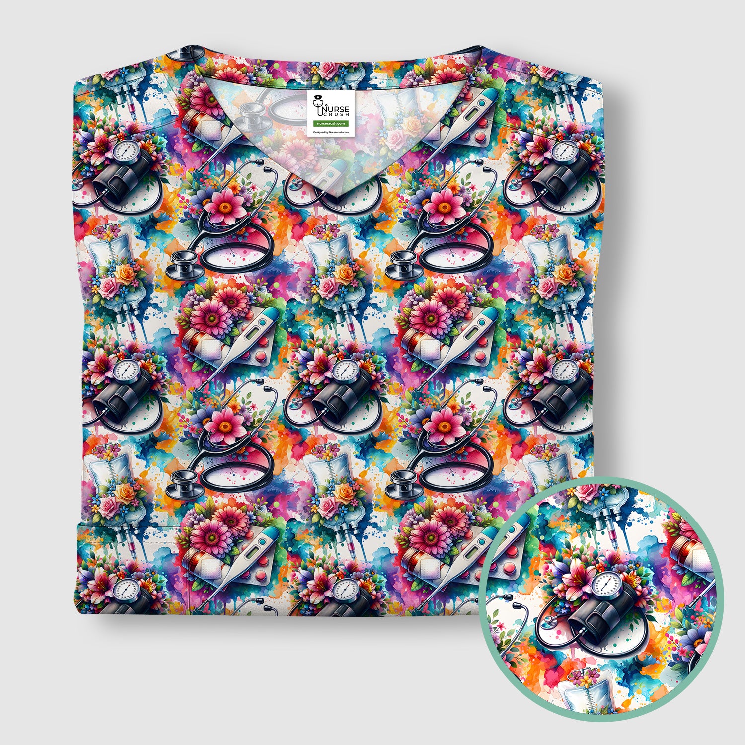 Colorful Medical Tools Floral Pattern Scrub Top, Comfortable Scrubs for Nurses